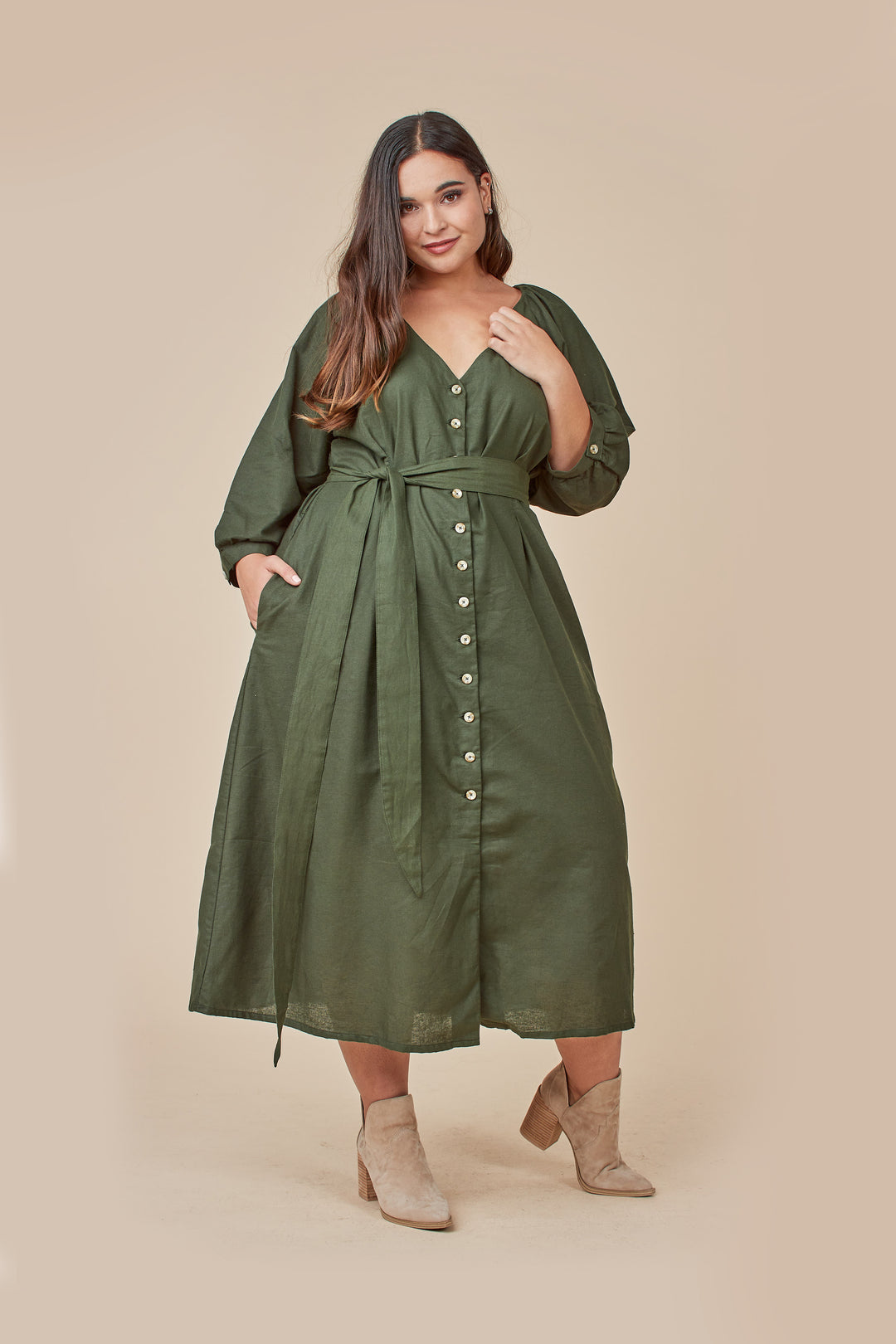 V-neck Belted Buttoned Midi Dress in Pine