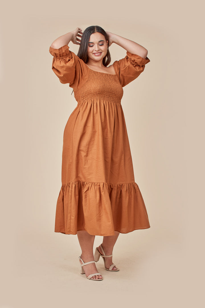 Square Neck Puff Sleeve Maxi Dress in Rust