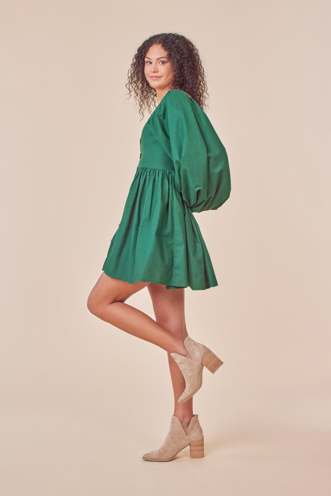 Oversized Puff Sleeve Mini Dress in Evergreen - Cute Dresses