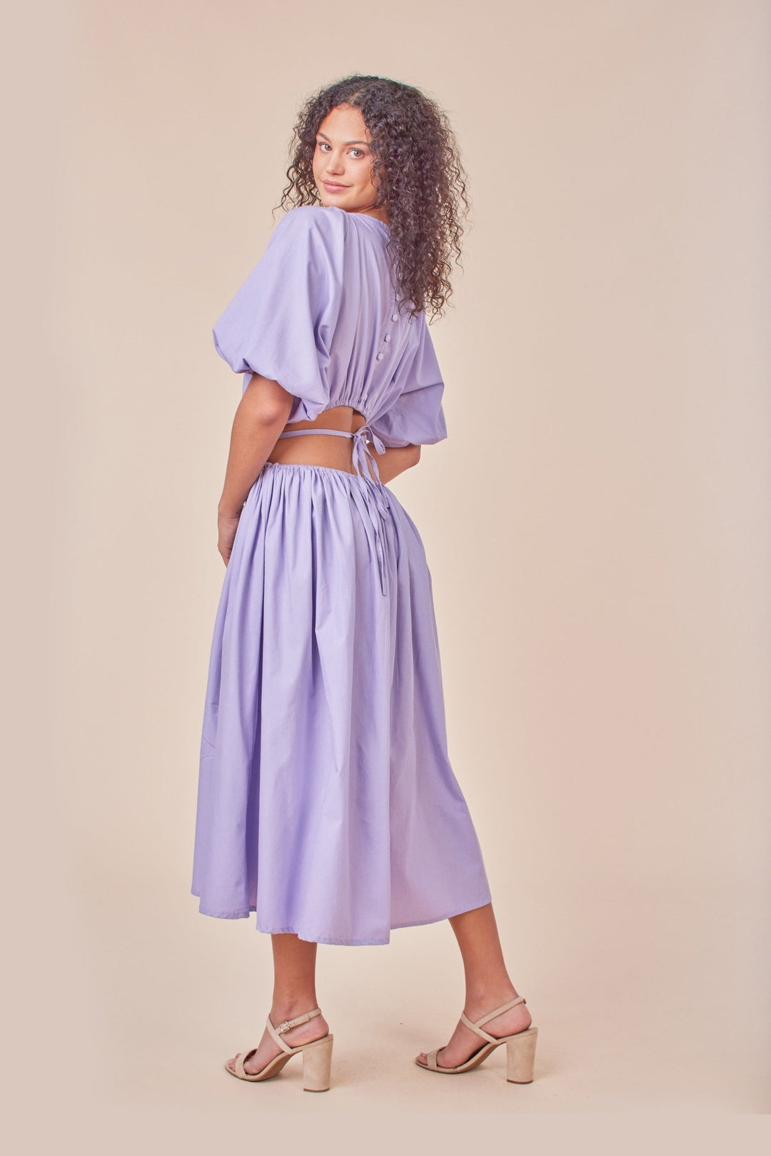 Puff Sleeve Cutout Waist Dress Lilac - Cute Dresses